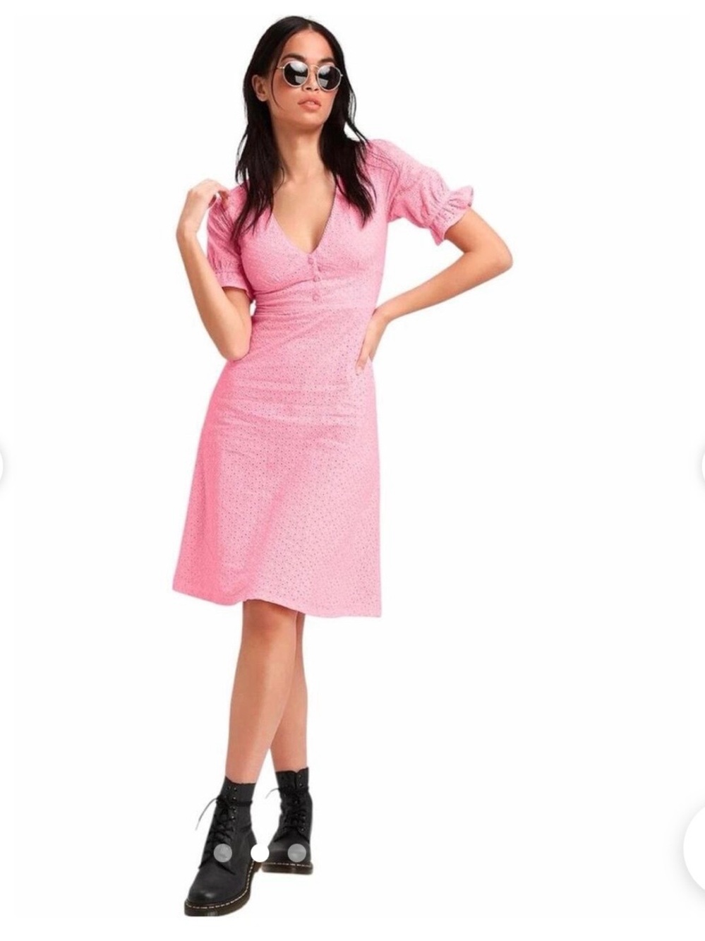 Lulu's Pink Eyelet V-Neck Midi Dress